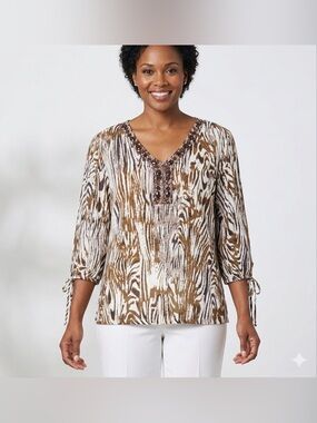 Cato animal print bead embellished V neck tunic.size exlg